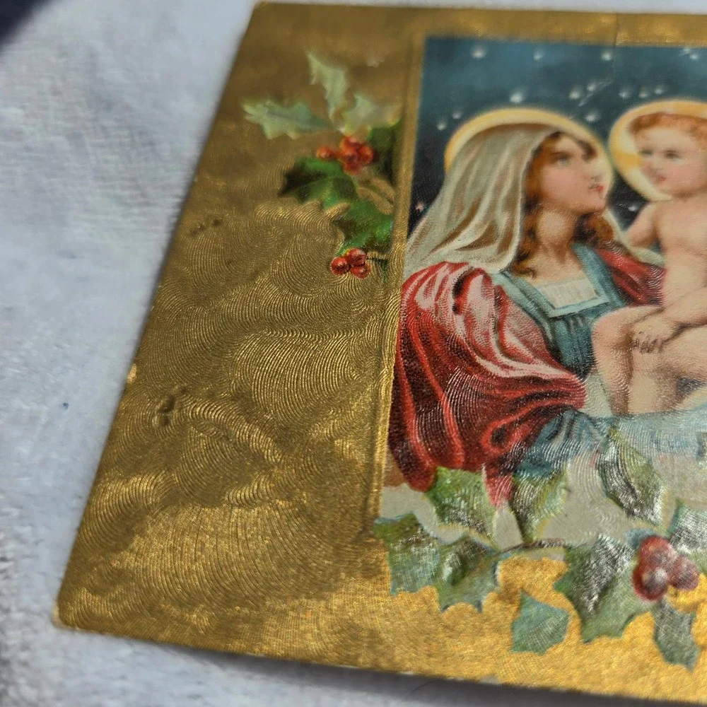 Vintage Antique Merry Christmas Postcard Madonna Child Robin Gold Embossed‎